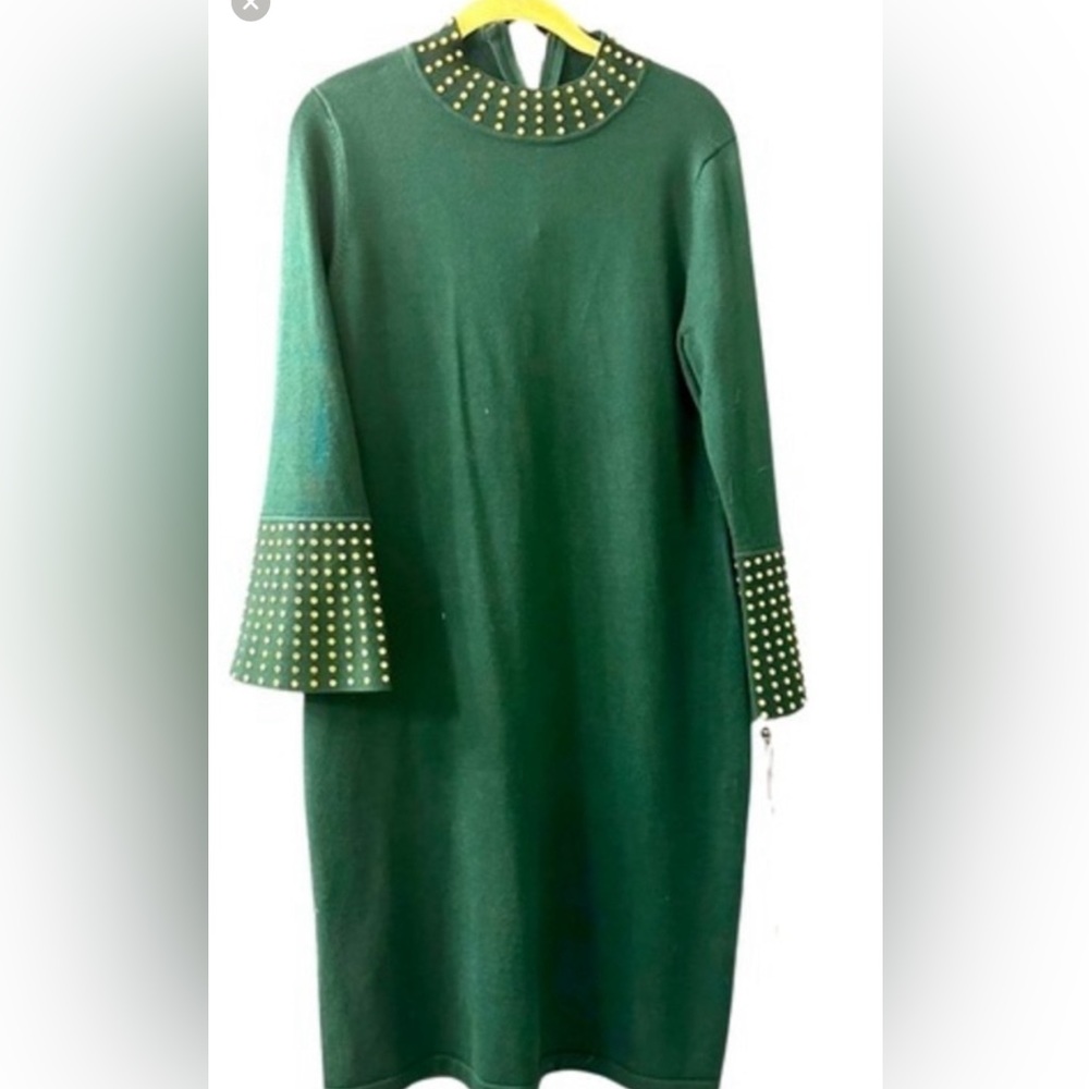 Calvin Klein Long Sleeve Green Mock Neck Sheath Dress With Gold Studs-NWT-L